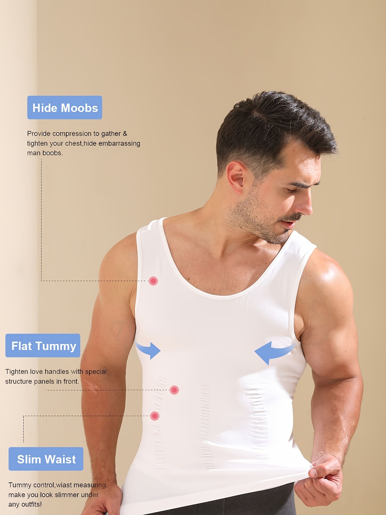 Men's body shaping tank top with breathable fabric, wide shoulder straps, designed to slim waist and chest.