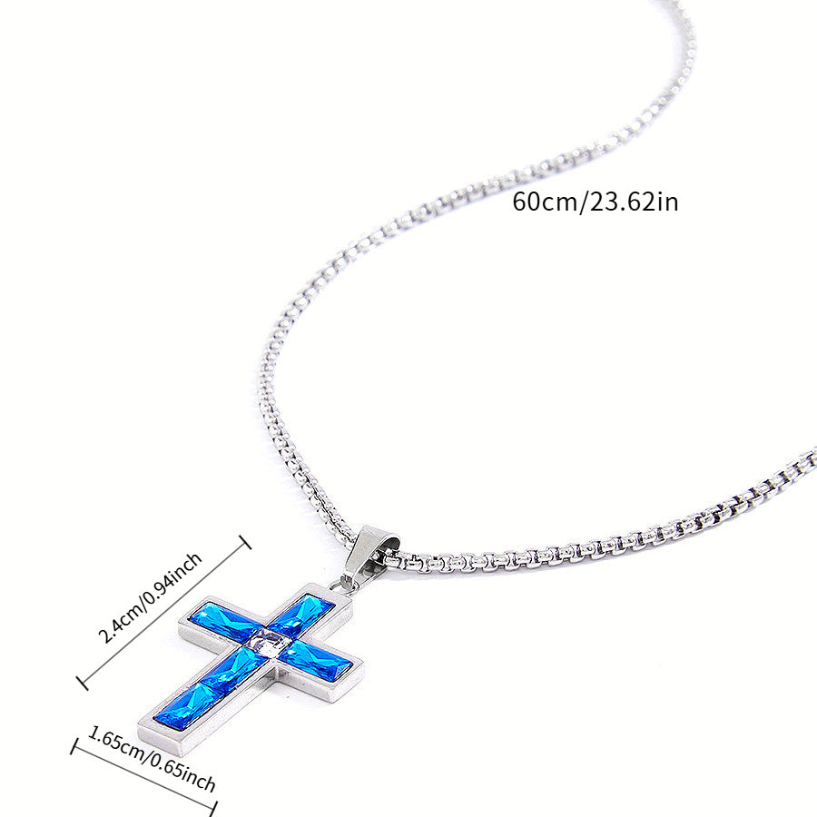 Stylish Blue Love Cross Necklace Suitable for Both Men and Women, Featuring a Glass Pendant. Ideal Gift for Romantic Partners, Friends, and Family Members