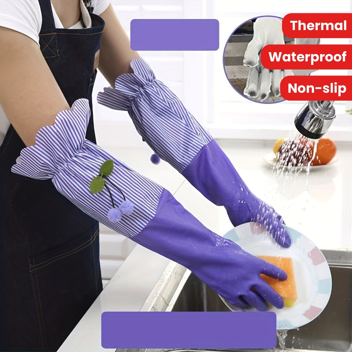 1 pair of long thermal gloves for winter, featuring plus velvet lining for extra warmth. These versatile gloves can be used for household cleaning, dishwashing in the kitchen, and other housework tasks. Waterproof and non-slip, they are durable enough