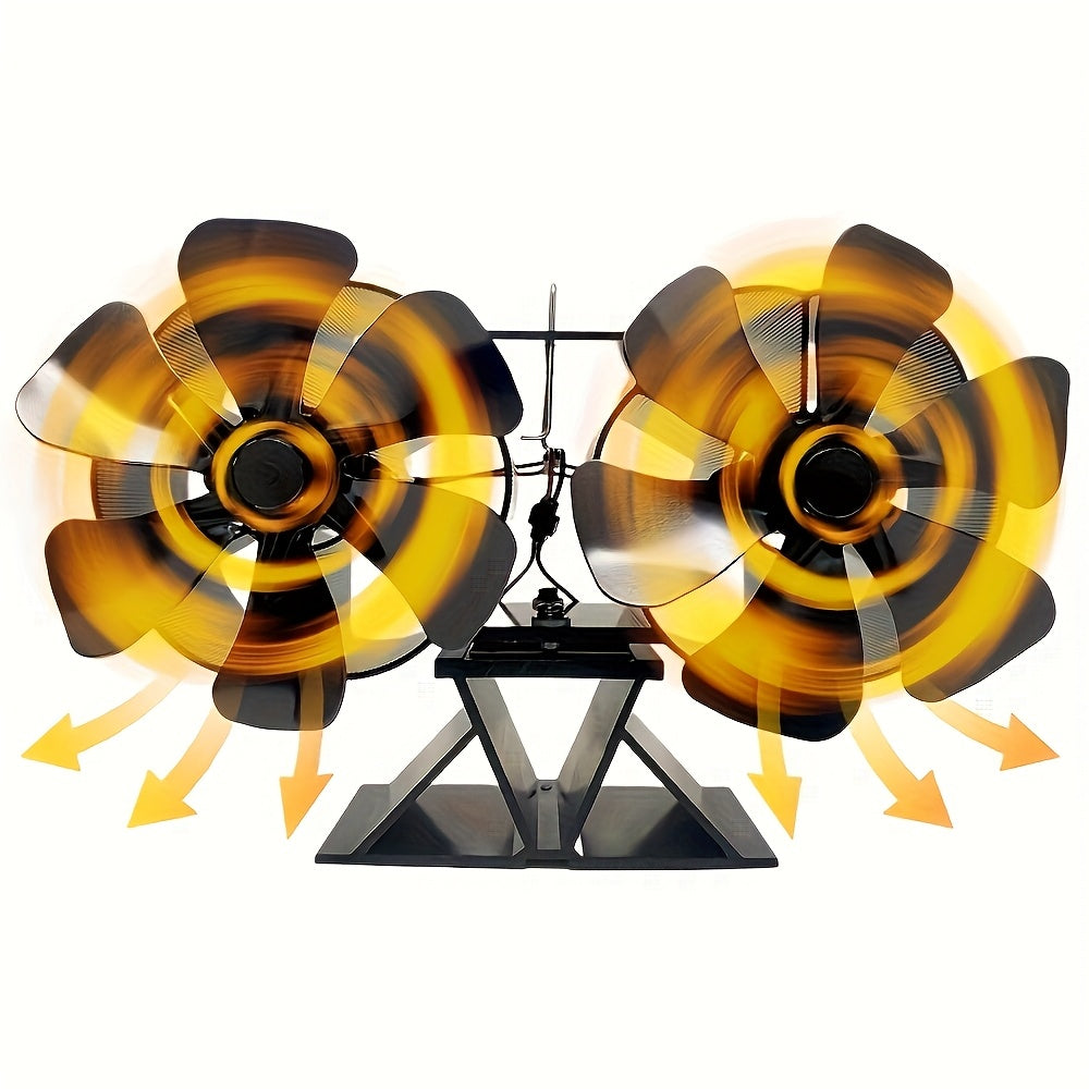 12-Blade Metal Fireplace Fan with Dual Heads, Portable Design for High-Efficiency Silent Heat Dissipation. Table Fan Style for Air Circulation, No Electricity Required. Includes Multiple Components and Features a Painted Finish.