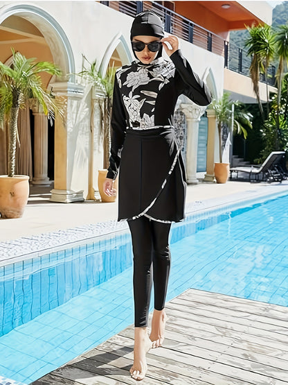 Three-piece Muslim swimsuit set offers full coverage and sun protection, ideal for conservative swimmers.