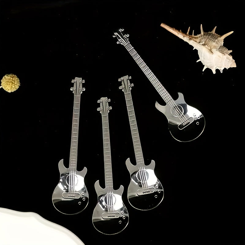 Set of 4 or 6 coffee spoons in the shape of guitars made of high-quality 304 stainless steel. These cute demitasse tea scoops are great for stirring drinks, mixing milkshakes, and spreading jam. They make a nice gift for music lovers and are perfect for