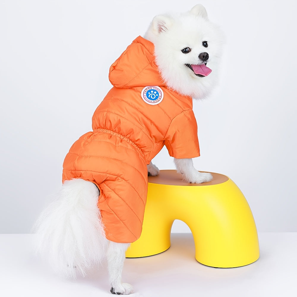 Winter dog jacket for small to medium breeds - waterproof, warm, and windproof with anticold insulation. Yellow hooded design with soft polyester lining. Machine washable.