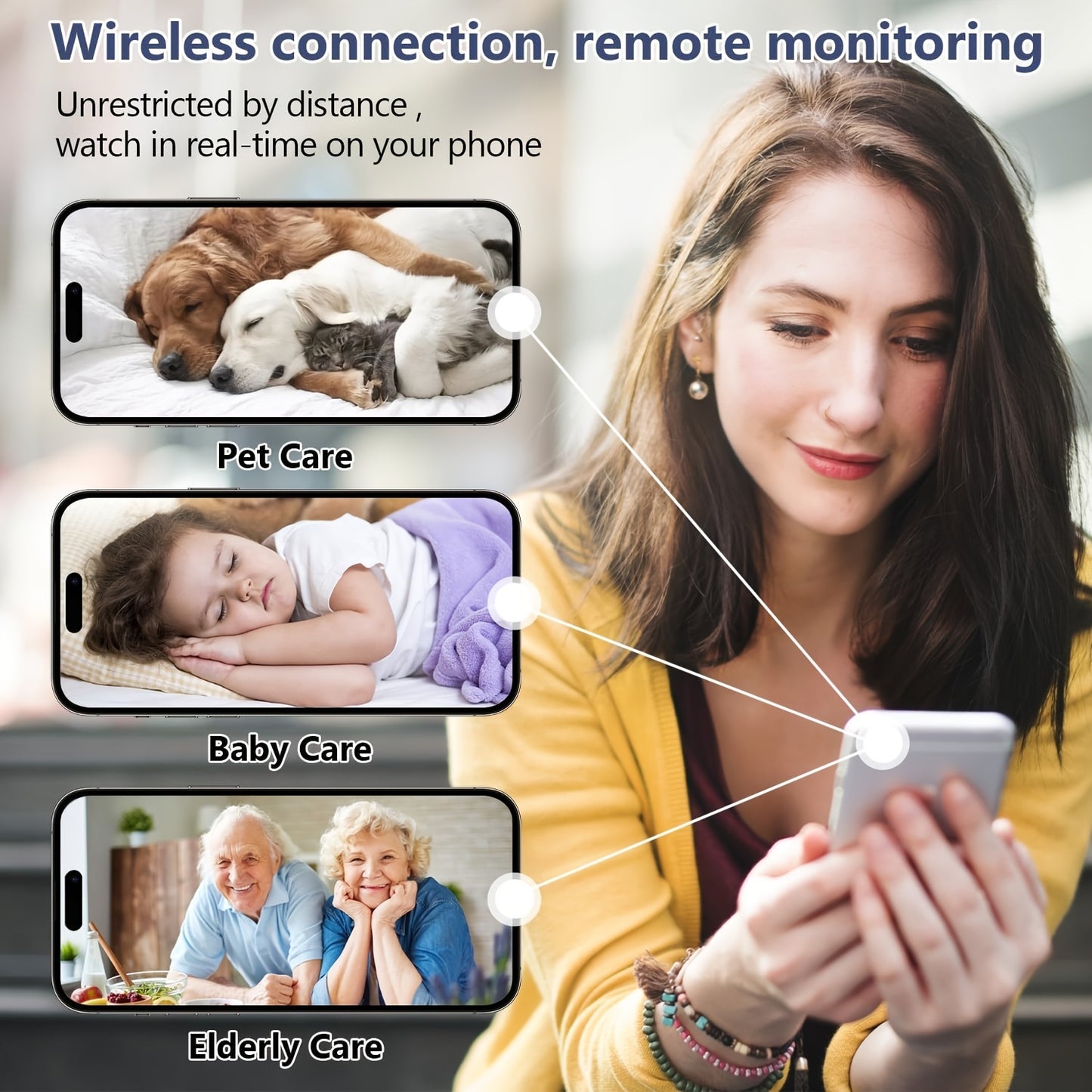 Indoor security camera with 4080P resolution, motion detection, two-way audio, WiFi connectivity, and multi-user support - perfect for monitoring kids and pets.