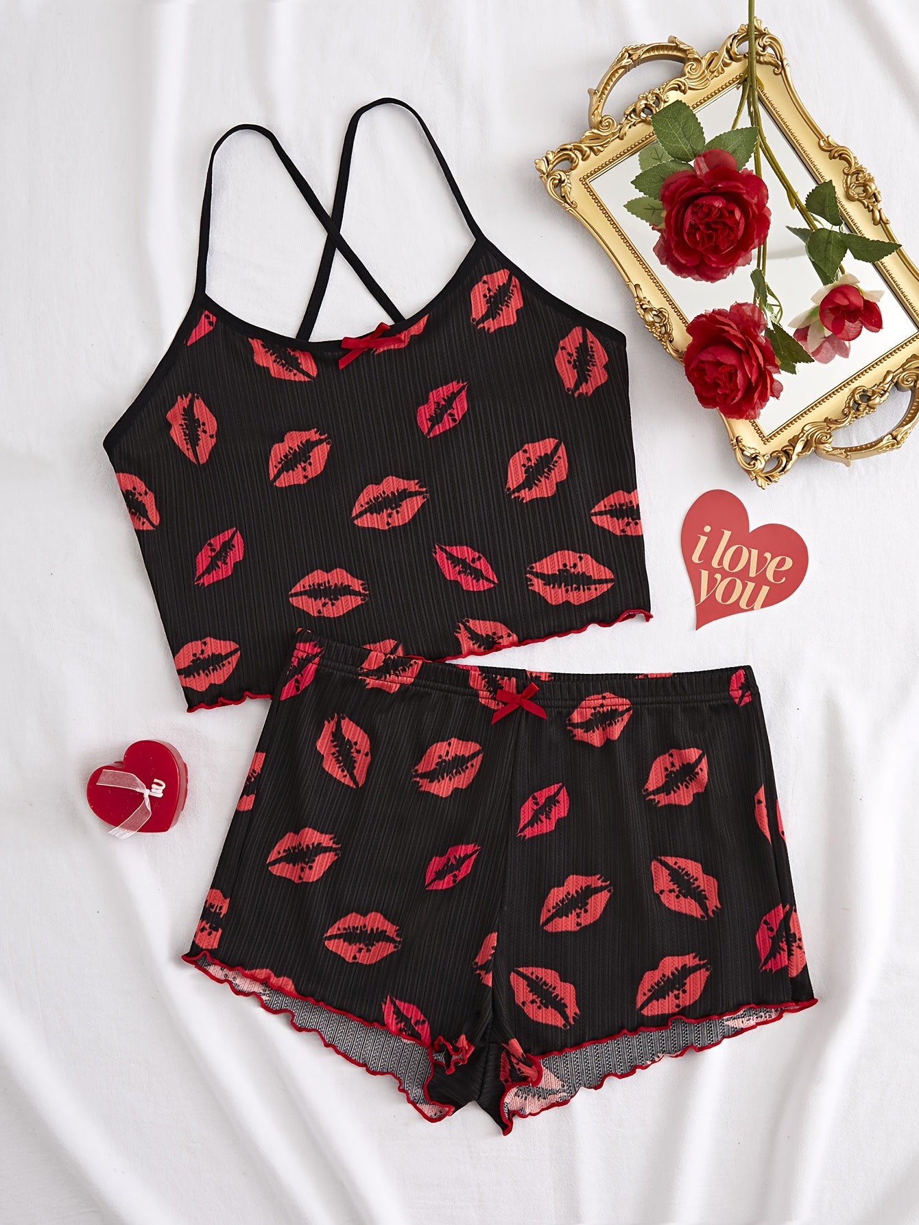 Heart Print Pajama Set for Women, Scoop Neck, Spaghetti Strap Shorts, Comfortable Knit Fabric Sleepwear, 90% Polyester, 10% Elastane, All Season Loungewear