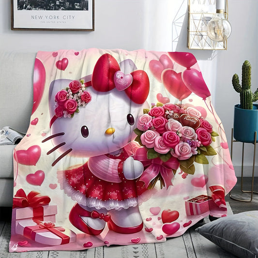 Stay warm and cozy with this cute Hello Kitty Flannel Throw Blanket! Featuring a Sanrio Contemporary Digital Print, this all-season cartoon design is made from soft plush polyester with knitted craftsmanship. Perfect for snuggling up in bed, on the sofa