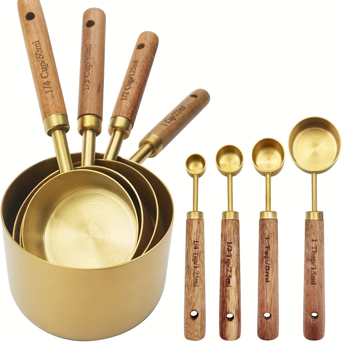 Set of 8 Golden Stainless Steel Measuring Cups and Spoons with Wooden Handles - Ideal for Cooking, Baking, and Kitchen Needs