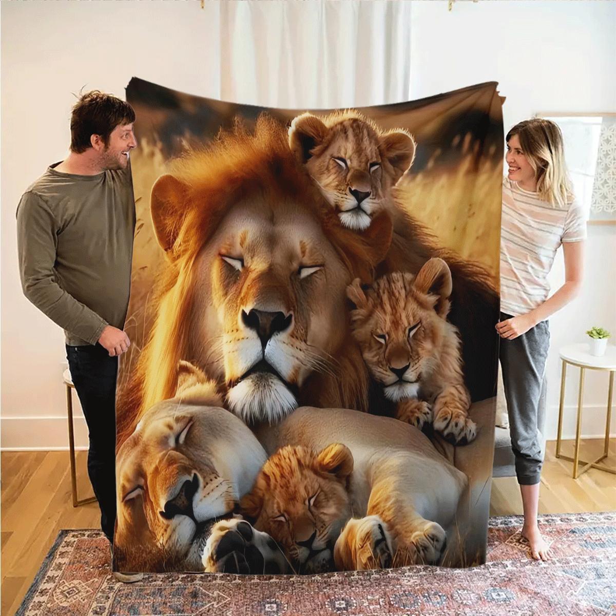 Get cozy with this vintage Lion Family print flannel throw blanket. Made from knitted polyester, this lightweight blanket features a digital print animal theme. With a fabric weight of 200-250g, it's perfect for any season and ideal for use on your sofa