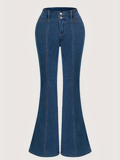 Women's high-waisted stretchy flare jeans with elastic waistband offer a sleek silhouette.