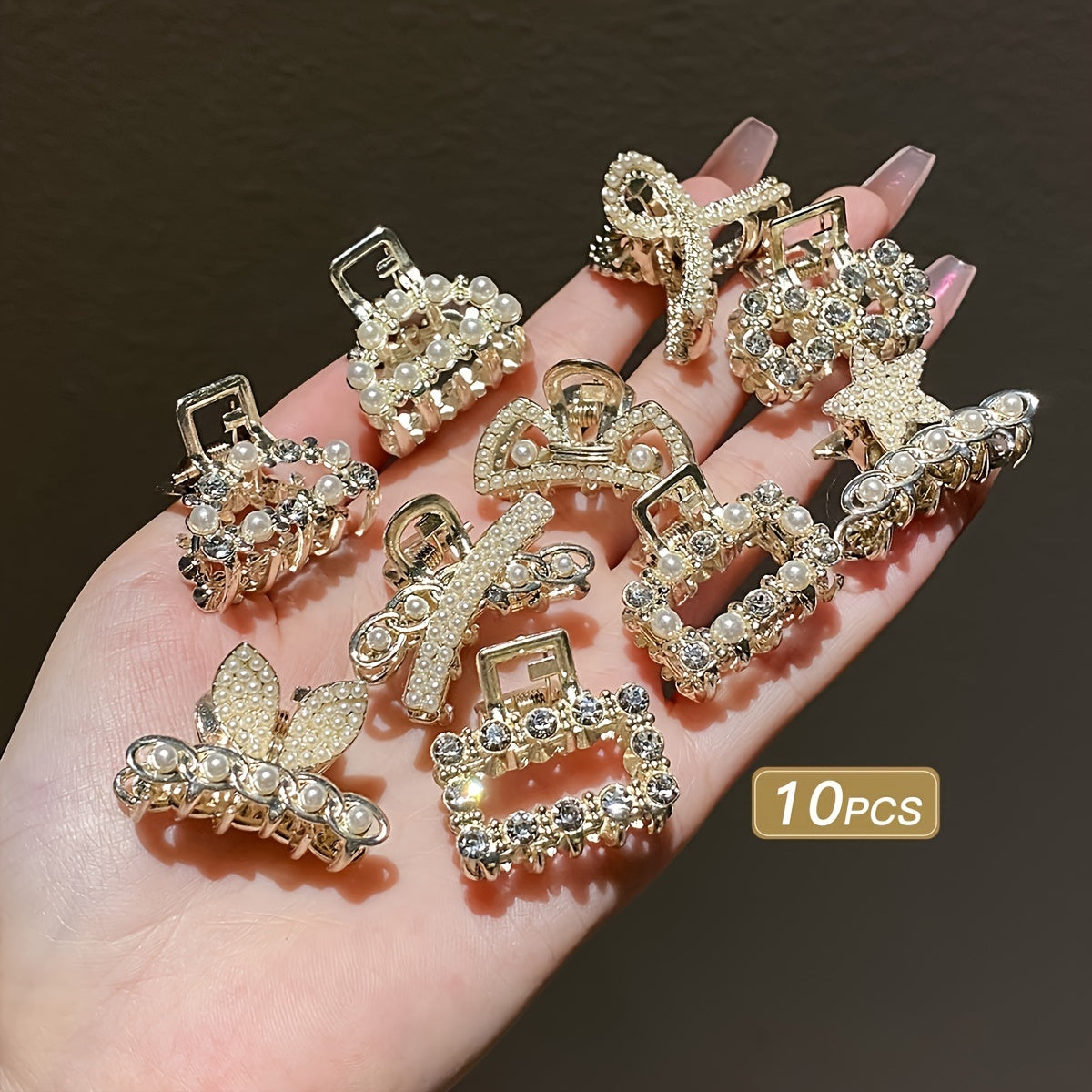 Hair gripper set of 10 small alloy mini hair catchers with rhinestone accents, perfect for princess hairstyles.