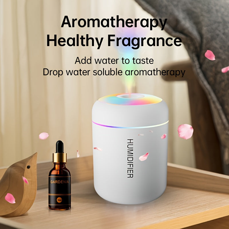 Portable USB-powered humidifier with lights, aromatherapy option - great for cars, offices, bedrooms, and tents.