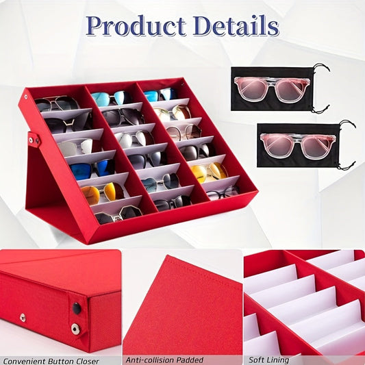 Women's fabric-lined jewelry storage box with stand, featuring 18 slots for eyeglasses in purple, red, and blue-grey artificial leather.