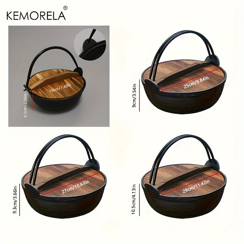 KEMORELA Cast Iron Stockpot with Wooden Lid - Pre-Seasoned Non-Stick Sukiyaki Pot - Ideal for Outdoor Camping - Multi-Purpose Cast Iron Cookware for Stews and Frying