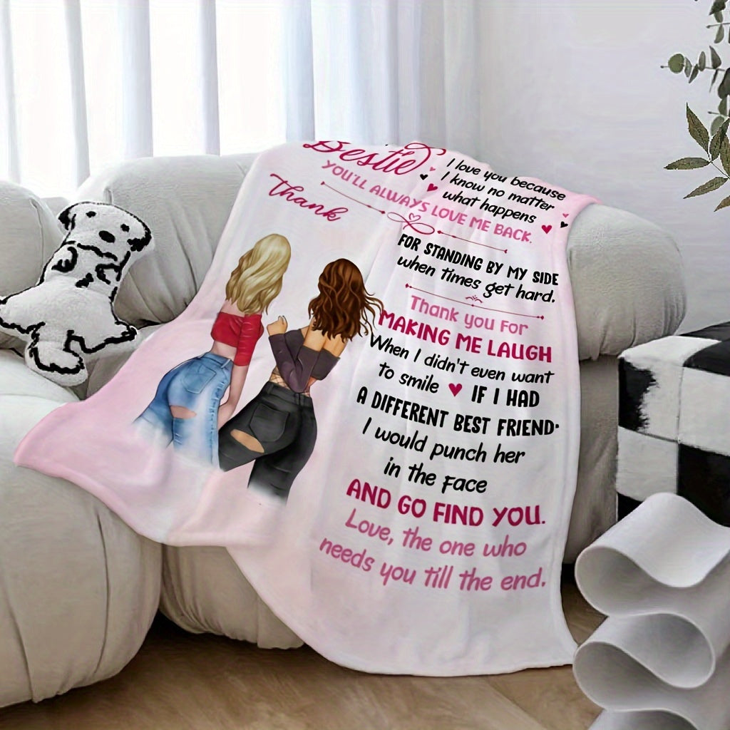 Soft Pink Flannel Bed Blanket with Contemporary Best Friend Theme - Digital Print, Reversible All Seasons Multipurpose Blanket for Machine Wash, Friendship Appreciation Design 'To My Bestie'. Soft Polyester Material for Knitted Bedroom Decor.