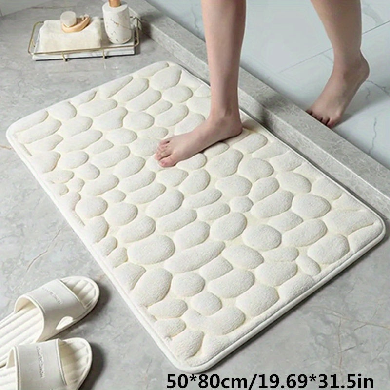 1pc Geometric Pattern Memory Foam Bath Rug with PVC backing, machine washable, low pile, flat woven polyester. Non-slip and absorbent, suitable for bathroom or toilet use. 670gsm, 1.5cm thick.