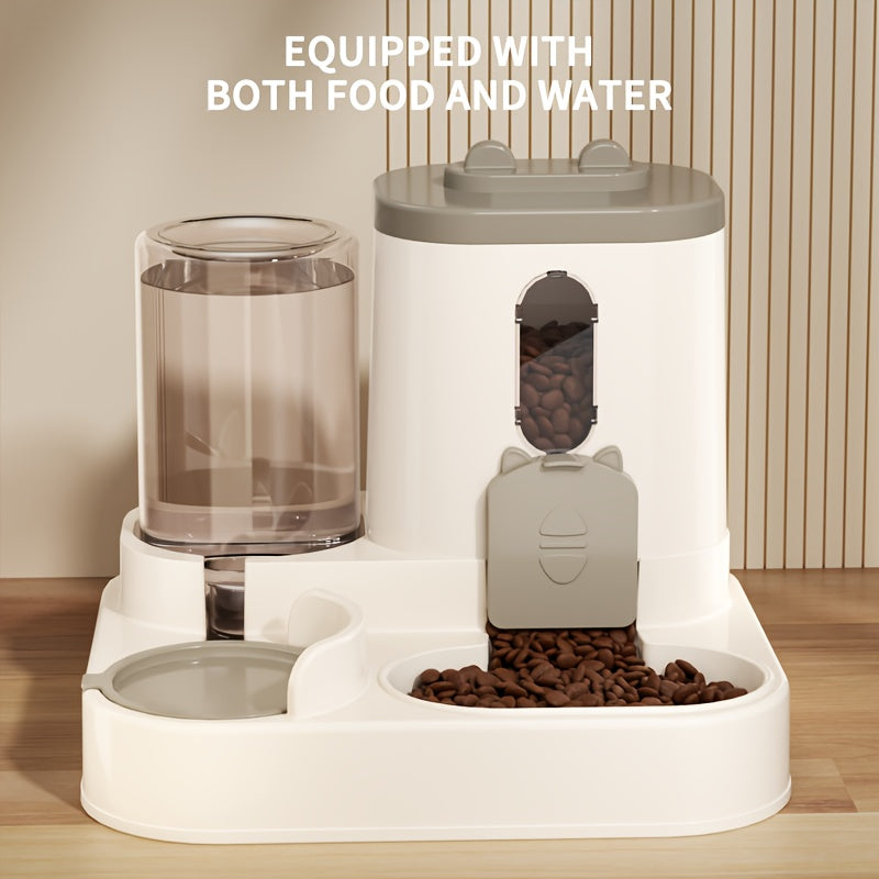 Fully automatic cat food and water dispenser in one, with a cute design.