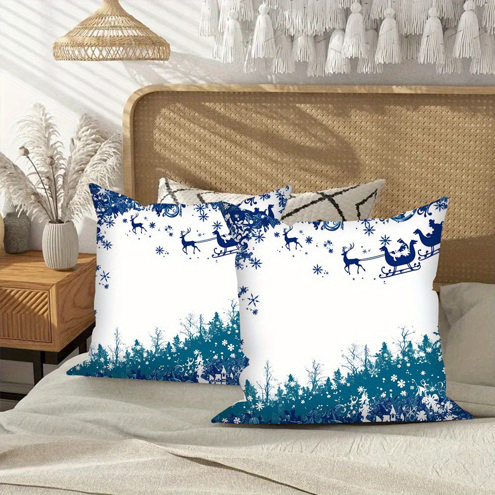 Set of 2 Festive Blue Merry Christmas Throw Pillows, measuring 45.72x45.72 cm each. Made of soft polyester, these square cushion covers do not include inserts. Perfect for decorating your living room, bedroom, or car. Pillows are washable for easy care.