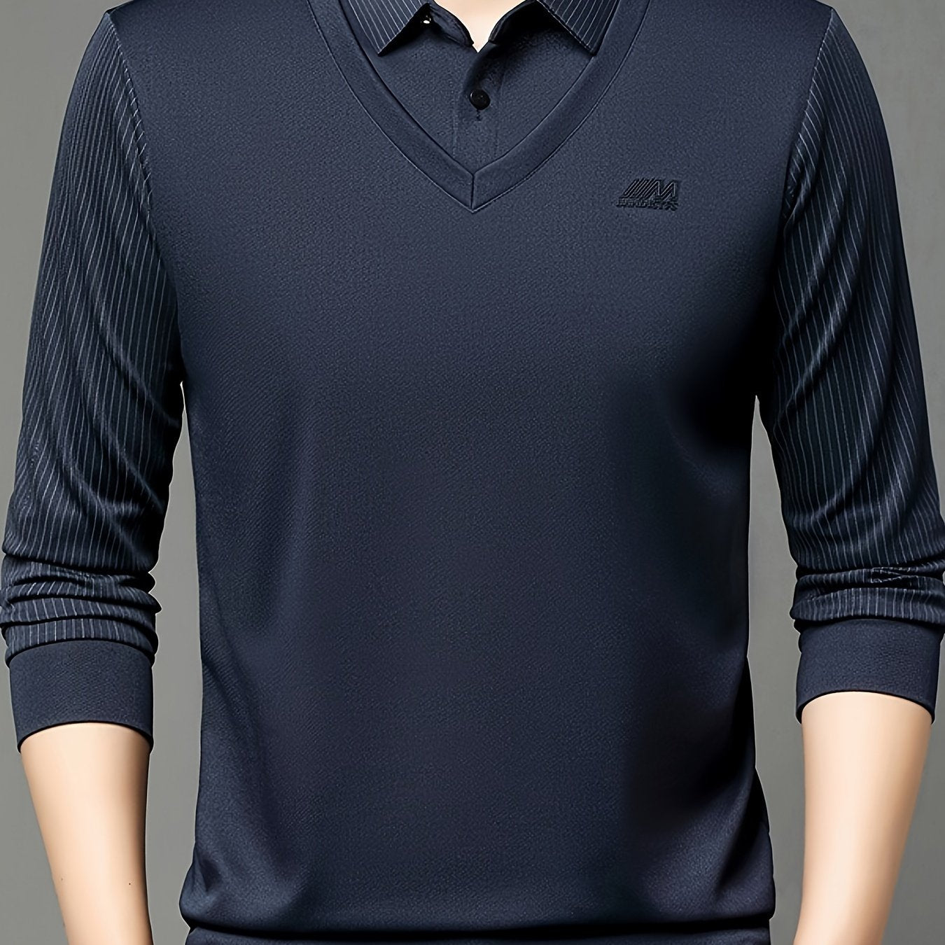 Men's Casual Striped Pullover Knit Sweater with Faux Layered Design and Button Detail for Casual Attire.