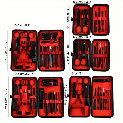 Black and Red Nail Set with Stainless Steel Professional Pedicure Kit and Leather Travel Case.