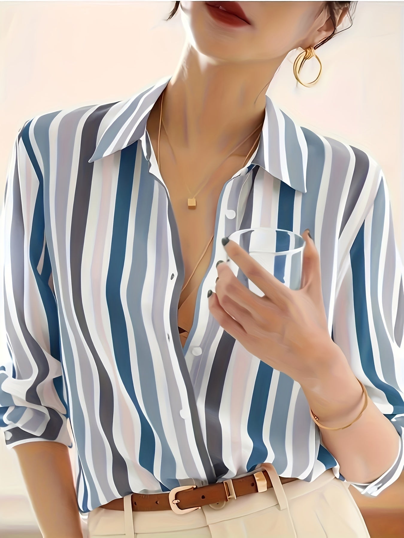 Casual striped print button-down shirt for women. Made from 100% polyester woven fabric with a lapel collar, long sleeves, and lightweight at 110g/m². Ideal for spring, summer, or fall.