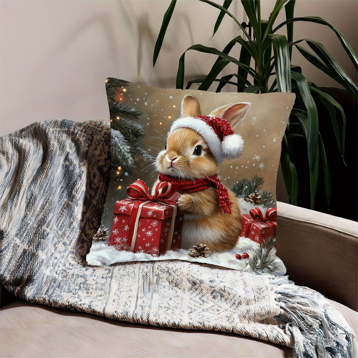 One piece of a short plush decorative pillow featuring a Netherland Dwarf rabbit design, measuring 45.72cm x 45.72cm. The design showcases a brown rabbit celebrating Christmas, perfect for adding a festive touch to your sofa, living room, bedroom, or