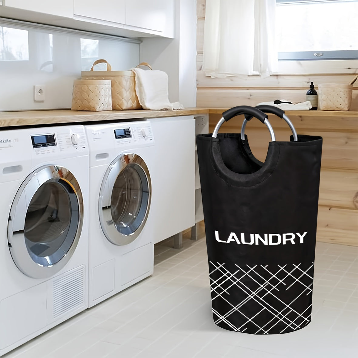 Large Capacity Laundry Basket with Waterproof Fabric and Foam-Protected Aluminum Handles, perfect for Dorm, Family, and Travel. Collapsible, Folding, and Tall Clothes Organizer in Casual Style Round Shape. Laundry Basket is 1 pc and has a capacity of