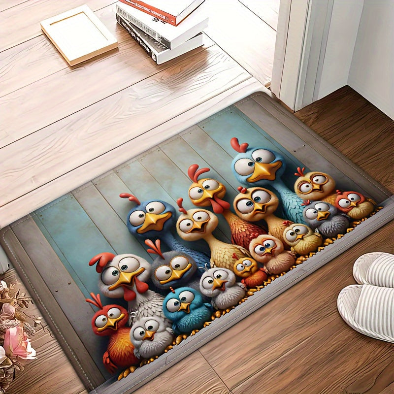 Chicken Family Big-eye Design Rug, 1.2cm Thick Sponge, Non-Slip, Stain & Water-Resistant, Machine Washable 100% Polyester Indoor Door Mat for Bedroom, Bathroom, Kitchen, Hallway, Laundry Room