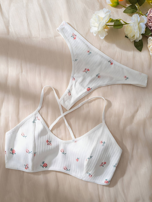 Stylish floral print lingerie set with cross straps, for women.