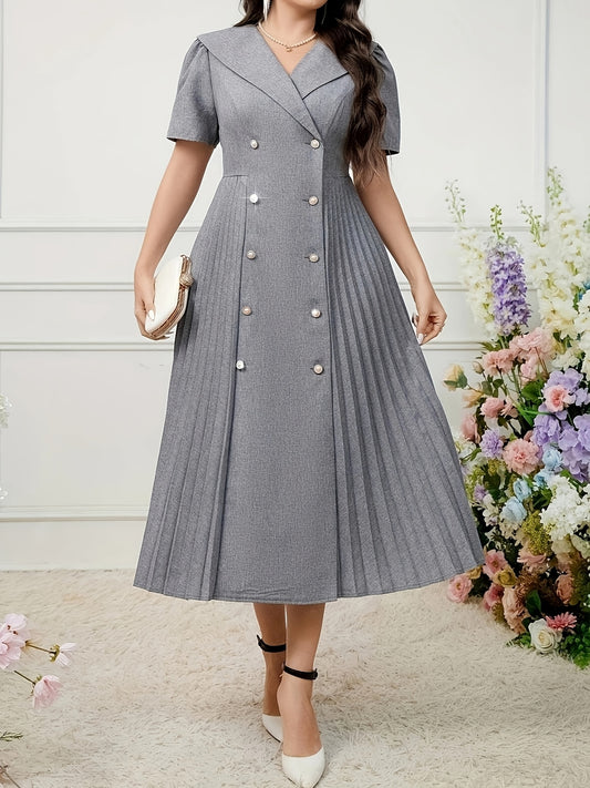 Elegant pleated midi dress made of 95% polyester and 5% spandex blend with short sleeves, contrast lapel collar, loose fit, solid color, non-stretch fabric. Perfect for spring/summer casual