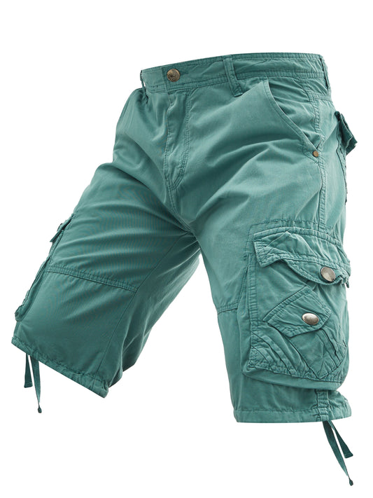 Men's solid color cotton cargo shorts with pockets, non-stretch fabric, and a plus size fit for casual streetwear.