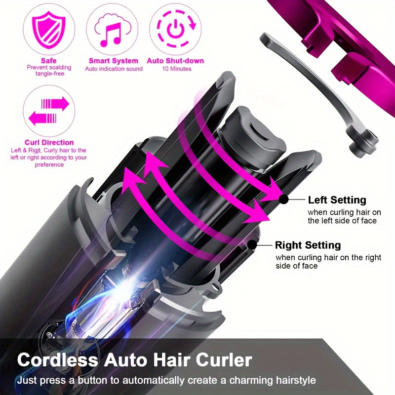 5 heat settings auto-curler with ceramic coating, anti-scald technology, tangle-free design, and quick charge USB rechargeable lithium battery. Ideal for styling, special occasions, and