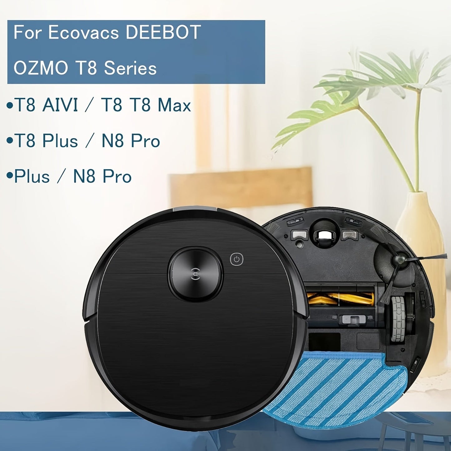 Replacement parts for the ECOVACS DEEBOT OZMO 920/950/t8/t8 AIVI/T8 Max/n7/n8+/n8 Pro/N8 Pro Plus/T9+/N10 PLUS/Yeedi Vac Vac Max Vac Station. Includes 1 main brush, 4 filters, 4 mop pads, and 6 side brushes. These plastic floor attachment vacuum