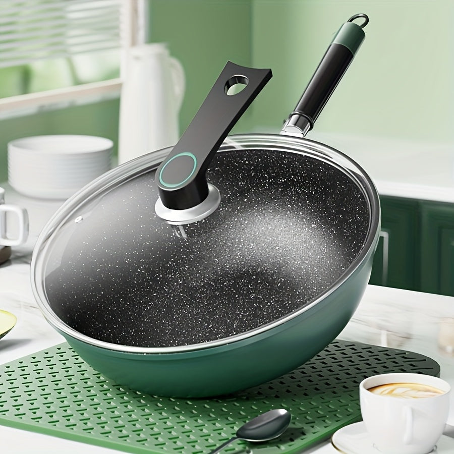 Durable Green Cast Iron Skillet with Non-Stick Coating and Lid - Suitable for All Stovetops, Easy to Clean, Rice Stone Finish, Available in Multiple Sizes