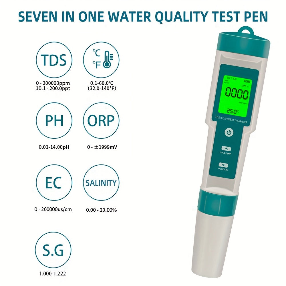 7-in-1 water quality tester with LCD backlight & rust-proof platinum electrode for testing pH, ORP, EC, TDS, GH, S.G, and salinity in home drinking water.