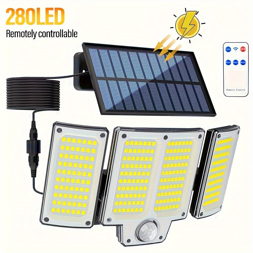 Solar lights with motion sensor and remote control, 3 modes, 3-head solar floodlight for yard, garage, porch.