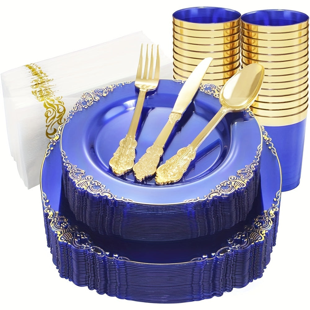 Complete set of elegant disposable dinnerware for 10 guests, includes 10 dessert plates, 10 salad plates, 10 napkins, 10 cups, and 30 pieces of cutlery (forks, knives, spoons). Ideal for wedding anniversaries and holiday parties.