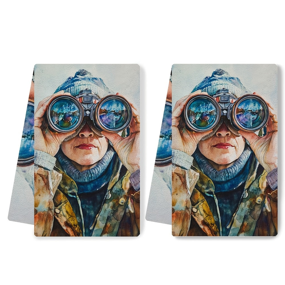 Set of 2 Ultra Soft Kitchen Towels featuring a Binoculars Scene - These Highly Absorbent Dish Hand Towels are Machine Washable and perfect for Coastal Decor. Size: 40.64x60.96 cm Dish Towels.