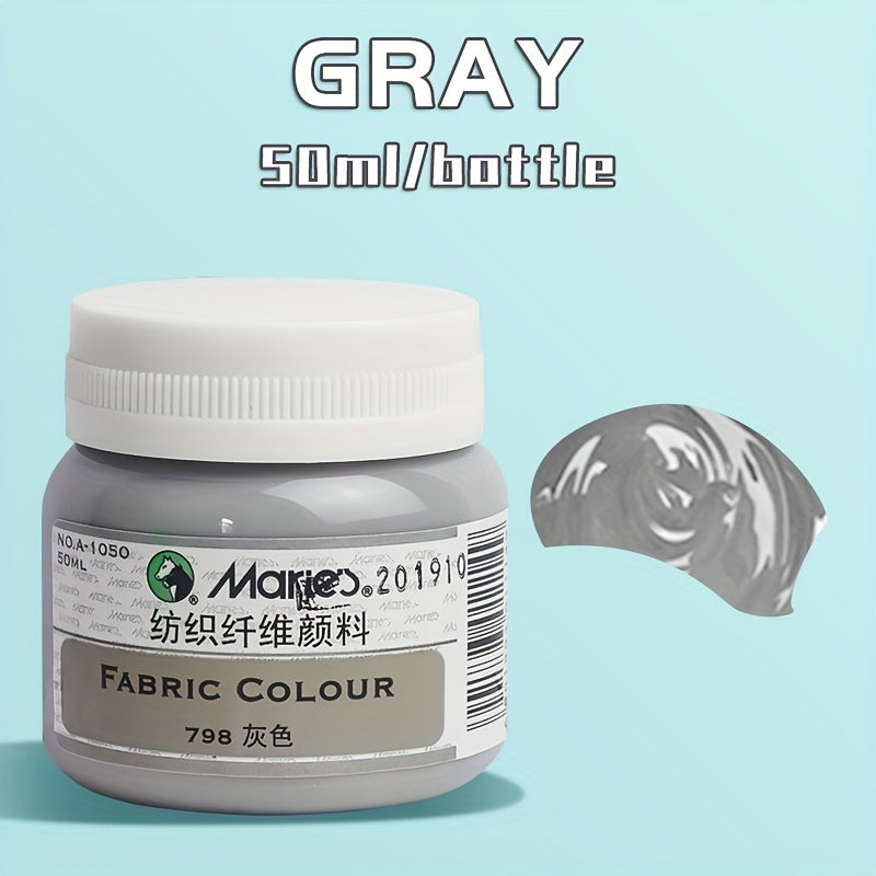 1 bottle of Marie's Fabric Paint, 50ml - 12 colors available for permanent clothes painting. Includes medium brush. Ideal for artists and crafters. Suitable for t-shirts, shoes, jeans