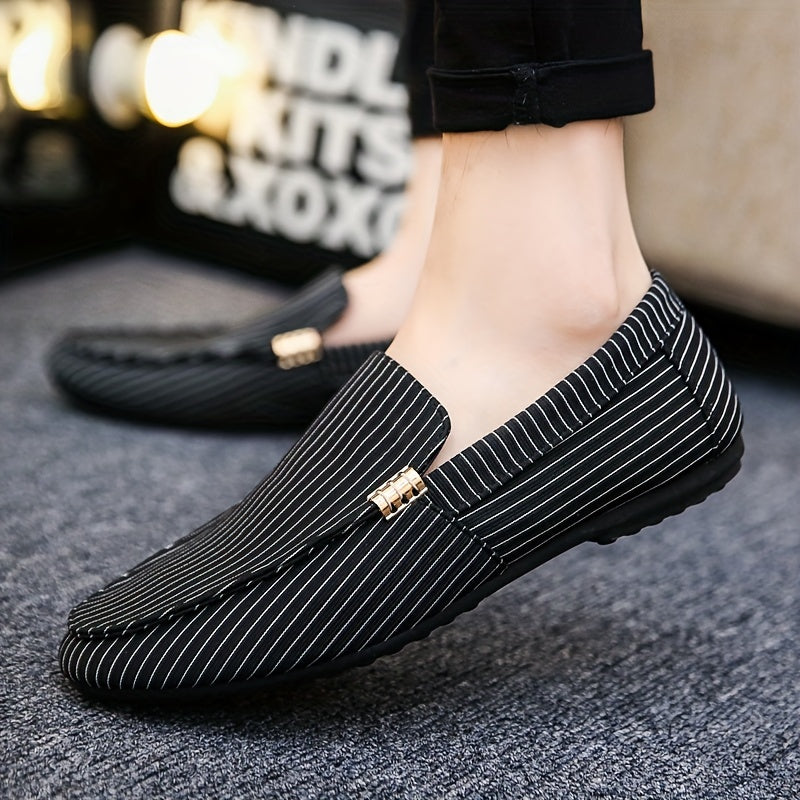 Men's slip-on loafers with stylish black and white geometric pattern, breathable mesh upper, rubber sole, and round toe. Perfect for outdoor wear in all seasons. Durable and comfortable