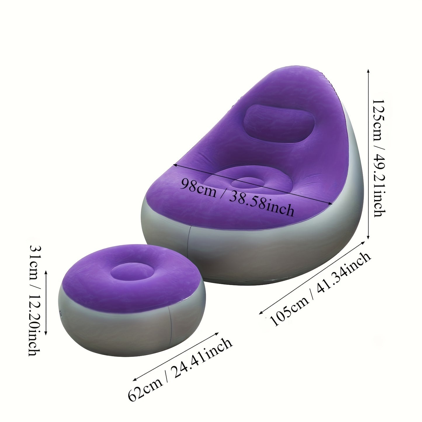 2-piece set of inflatable casual sofa chair and footstool with flocking, suitable for outdoor use. Can be easily stored and inflated.