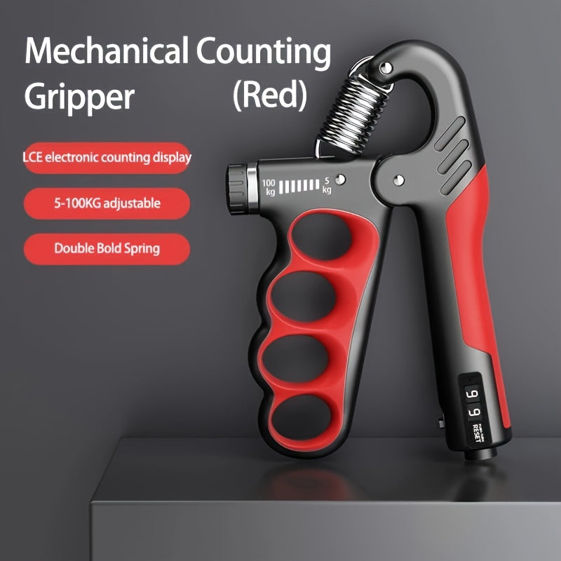 Hand grip strengthener with adjustable 5-100kg resistance and ergonomic design. Features double bold spring for fitness and rehabilitation training in orange/gray/red colors.