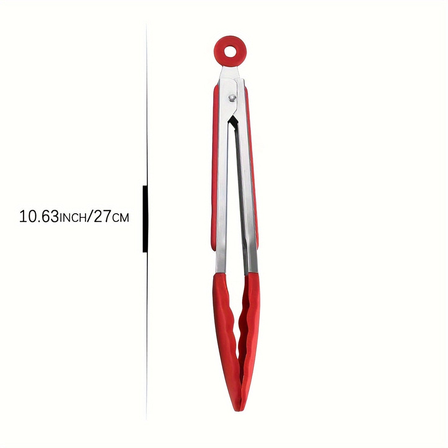 Black and red stainless steel kitchen tongs with heat-resistant silicone tips, available in three sizes (20.32 cm, 27.94 cm, 33.02 cm). These food clips feature a pull lock and non-scratch silicone tips, making them ideal for use with air fryers and