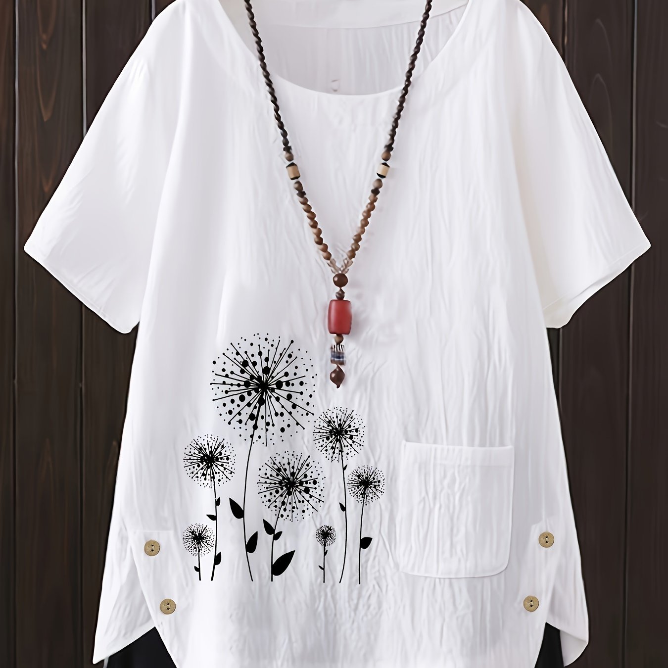 New casual loose-fit linen printed short-sleeve pullover shirt for plus-size women.