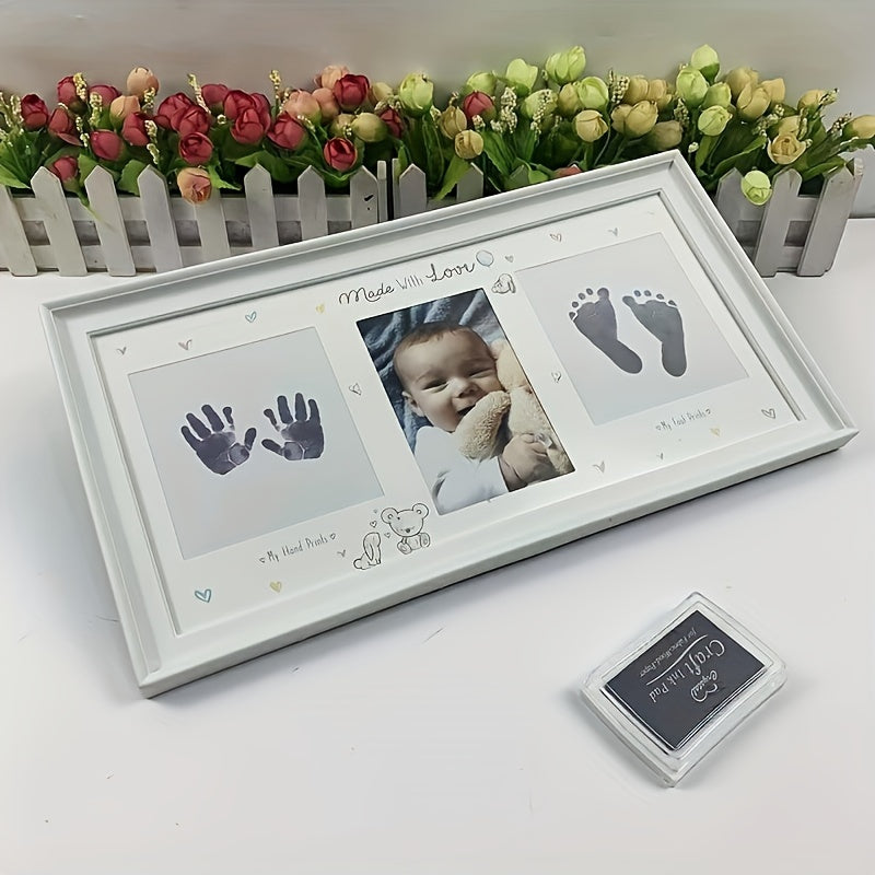 Creative photo frame for displaying family photos on your wall, featuring handprint and footprint designs to mark growth milestones. Perfect for commemorating special moments and adding a personalized touch to your home decor. Customize it with your own