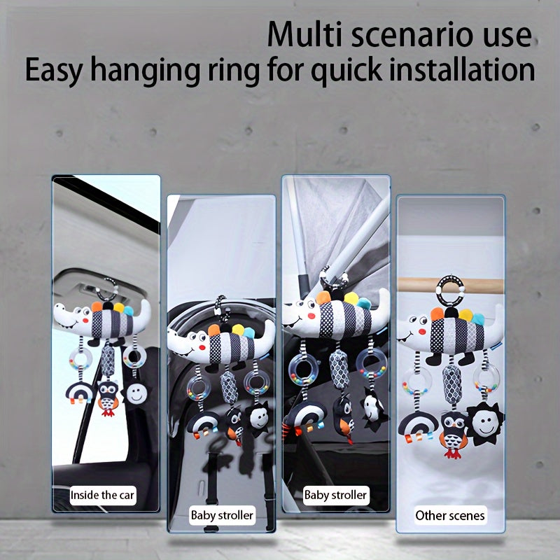 Soft and cuddly black and white animal wind chime plush toys, perfect for baby car seats and strollers. These hanging rattle toys are made of soft cloth and come from the Chinese Mainland. An ideal Christmas gift for infants aged 0-3 years old.