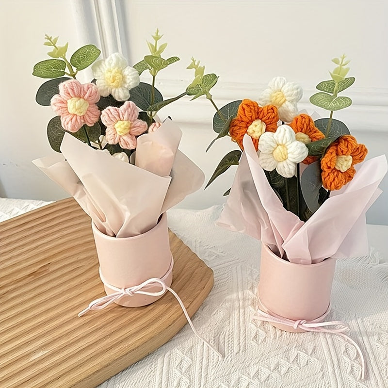 Handmade woven yarn artificial flower bouquet set includes fabric and woven flowers, plastic bucket, wrapping paper, and 5 crochet flowers. Ideal for gifts for mom, friends, or special occasions like Mother's Day, Valentine's Day, birthdays, or home