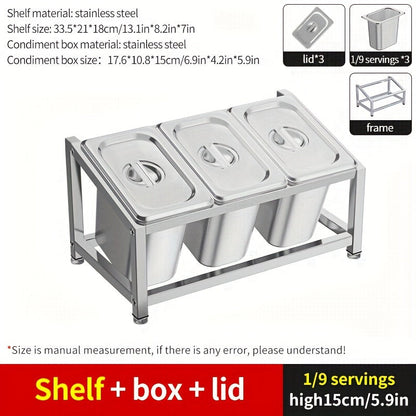 1/9-Compartment Spice Organizer crafted from durable stainless steel - Perfect for organizing spices and seasonings on your countertop. Includes condiment containers for easy storage. Ideal for use in both kitchens and restaurants.