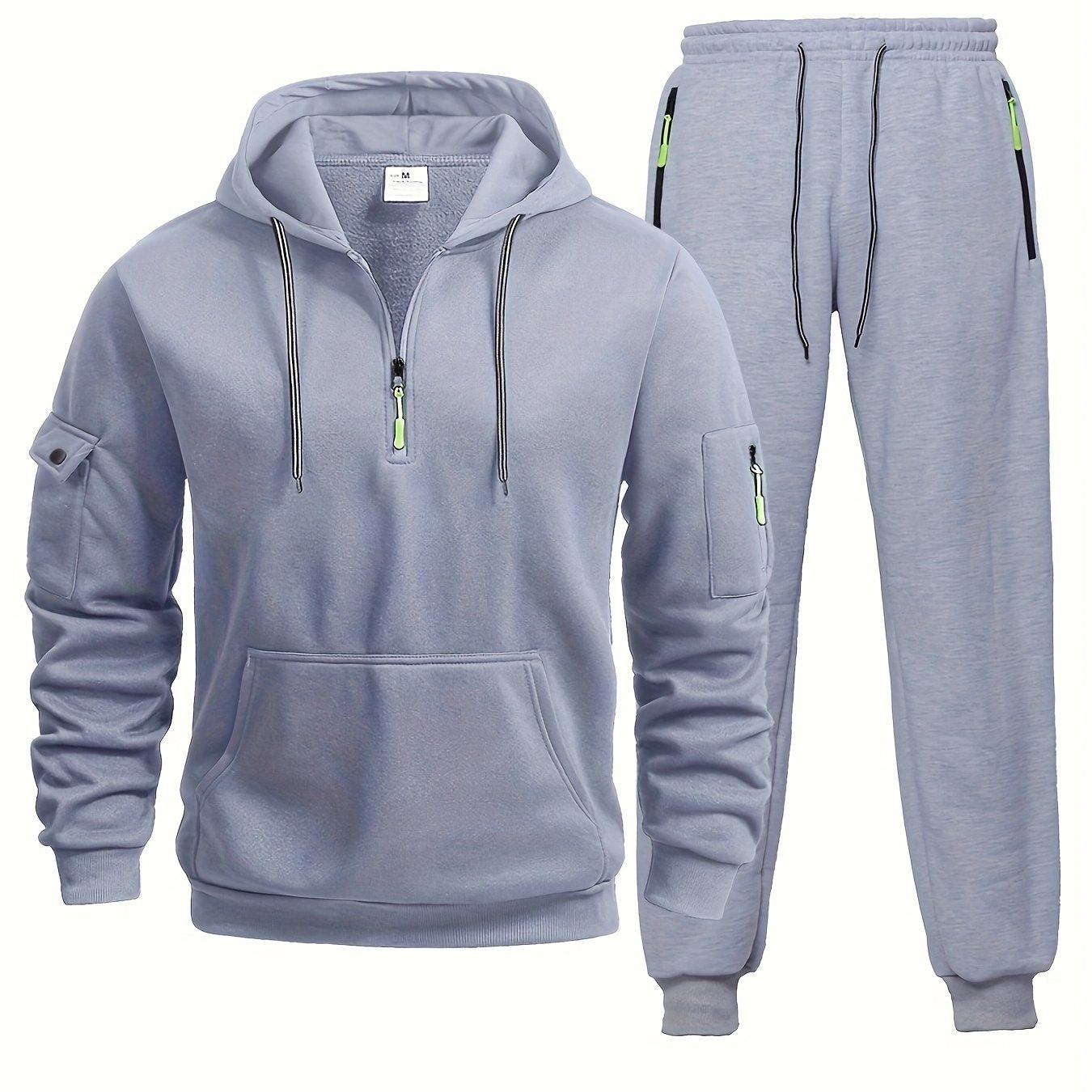 2pcs Men's Casual Sports Sweatsuit Set with hooded pullover and joggers in solid color, slight stretch, lightweight with pockets. Suitable for hiking, running, and sports activities, for