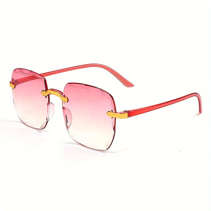 Women's minimalist frameless square glasses with lightweight plastic and resin lenses in fashionable purple tint, ideal for stylish accessory with minimalist design and lightweight frame.