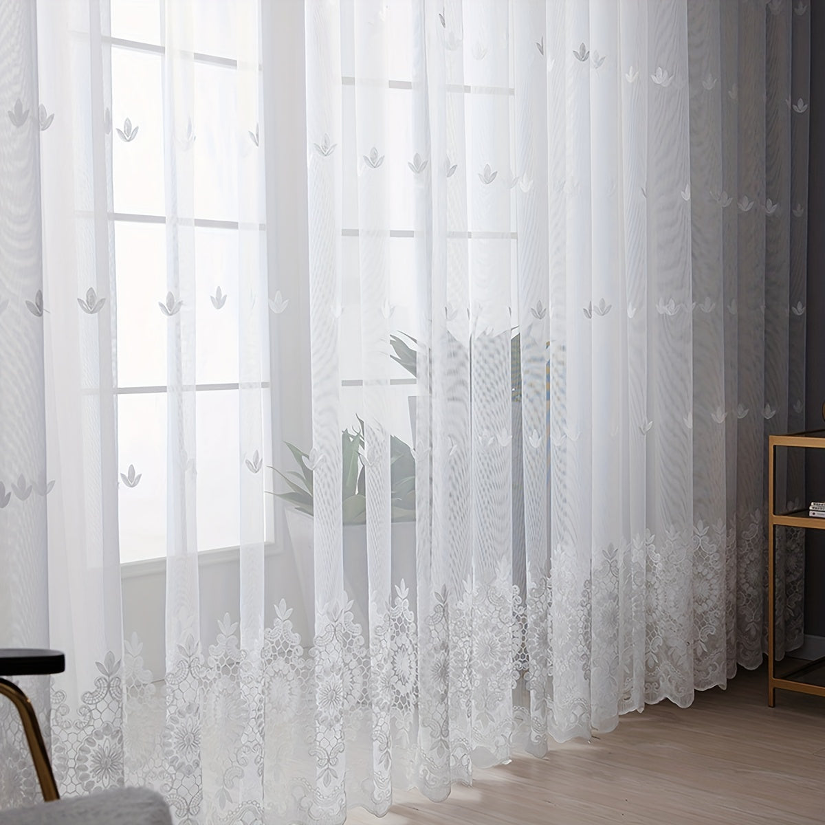 Modern embroidered sheer curtain made from 100% polyester with a rod pocket design, perfect for living room or bedroom. Features a geometric pattern and should be hand washed only. This decorative unlined mesh fabric provides a pastoral style that is